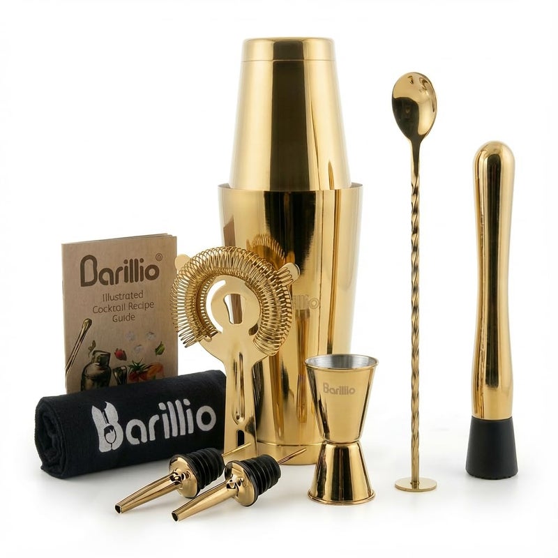 barillio مجموعة شاكر باريليو جولد بوسطن - شاكر كوكتيل مارتيني من الفولاذ المقاوم للصدأ، مع وزن - مجموعة شاكر مشروبات مع مصفاة وخلاط مشروبات - مجموعة خلط للمحترفين - مجموعة بار منزلية - مجموعة شاكر مشروبات مكونة من 9 قطع - أدوات بار - Image 1